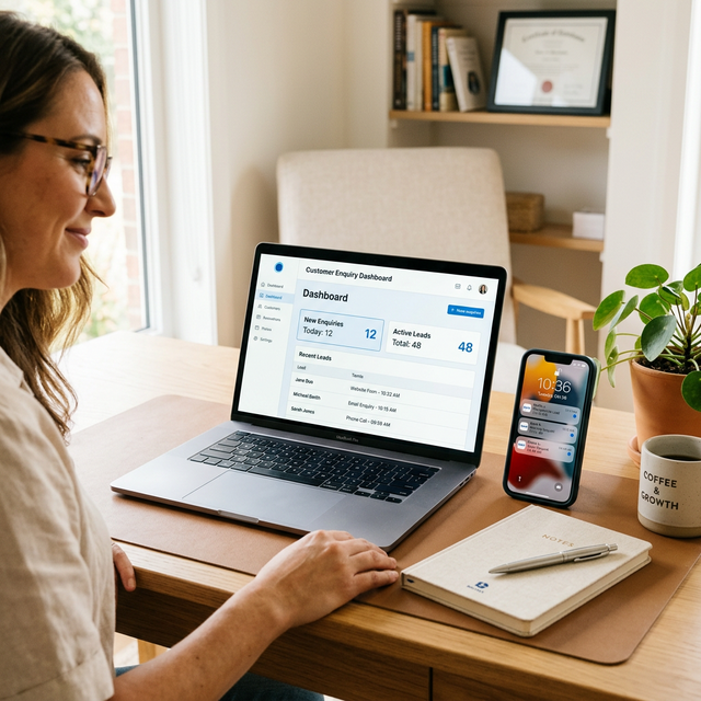 Business owner reviewing new customer enquiries on dashboard